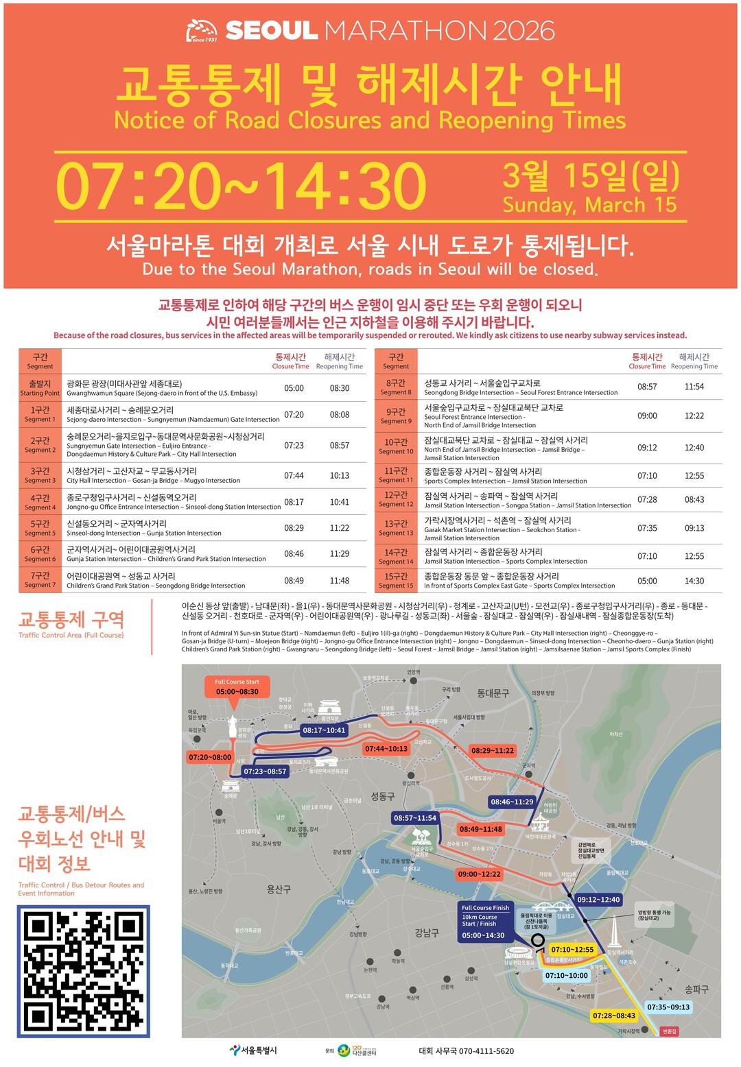 서울마라톤, 광화문에서 잠실까지 달린다…15일 도심 교통통제 실시