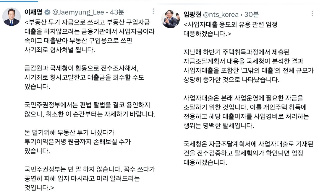 대통령 경고 하루만에 ‘전수조사’카드...국세청, 사업자대출 주택유용과 ‘전면전’