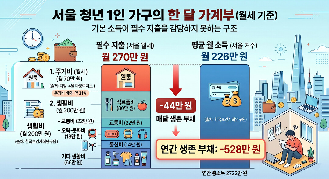 본지가 산출한 서울 청년 1인 가구의 한 달 가계부. [사진=AI 이미지]